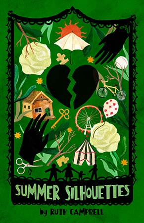 Summer Silhouettes Cover Book cover drawing of a black heart in two cracked pieces surrounded by images including two separated black hands and colorful images including a house, and white roses.