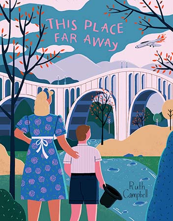 This Place Far Away Cover Book cover illustration of the backs of a blonde female next to a shorter boy looking at a body of water and bridge.