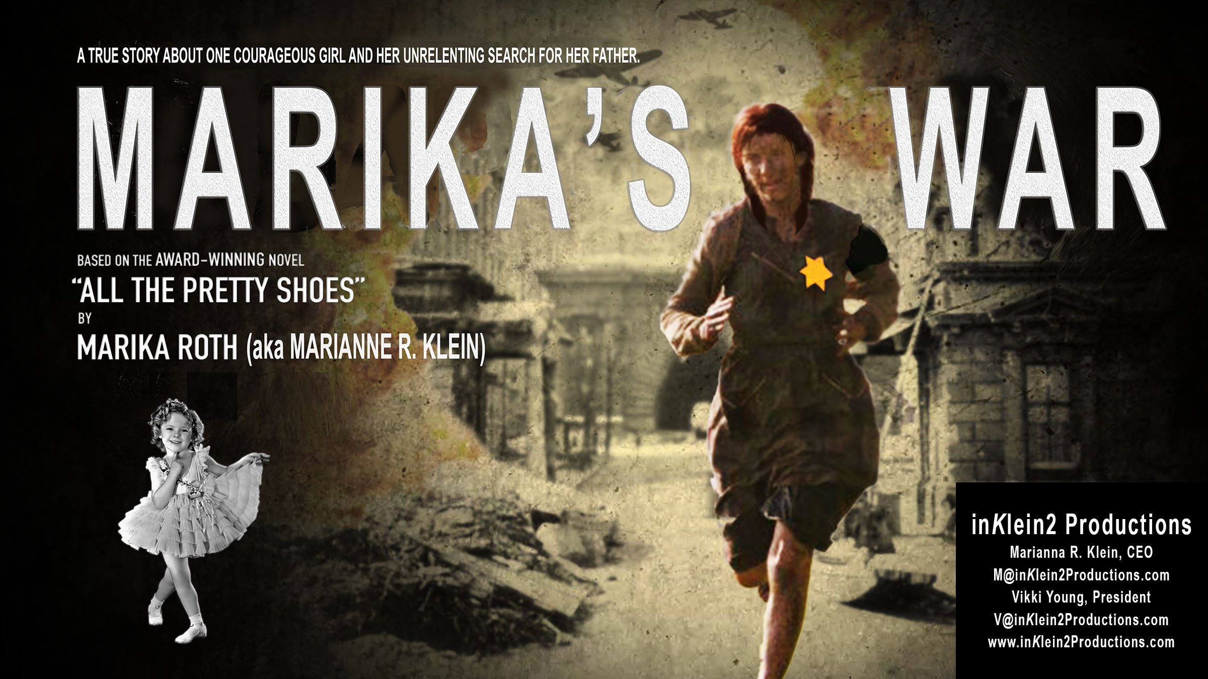 Marikas-War-Pitch-Cover-web-@0.5x Poster image for screenplay, Marika’s war, featuring woman running with bright yellow star of David, contrasted by Shirley Temple in left background.