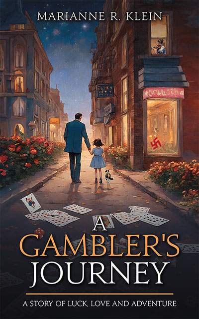 a-gamblers-journey-cover-art Book cover illustration of a woman and girl walking down a tree-lined city street with woman’s arm around girl.
