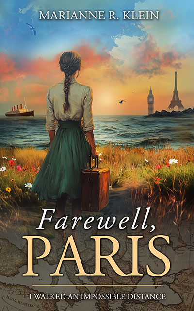 farewell-paris-cover-art-small Book cover drawing of a black heart in two cracked pieces surrounded by images including two separated black hands and colorful images including a house, and white roses.